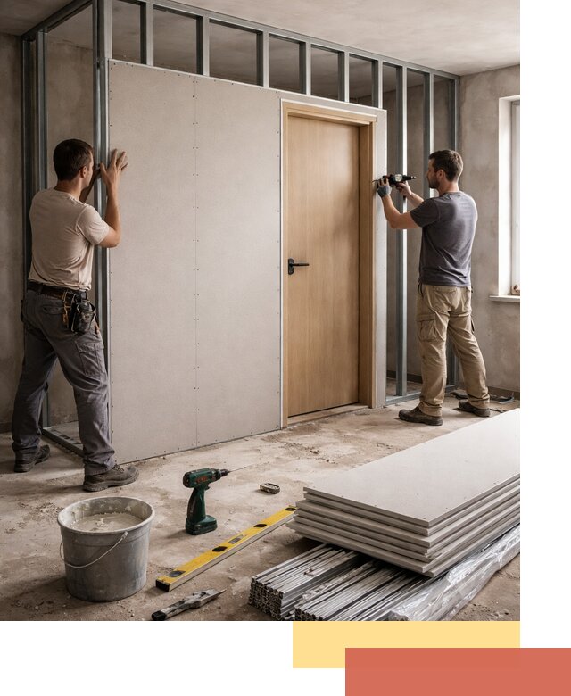 Перегородка из гипсокартона с дверью под ключ в Заволжье