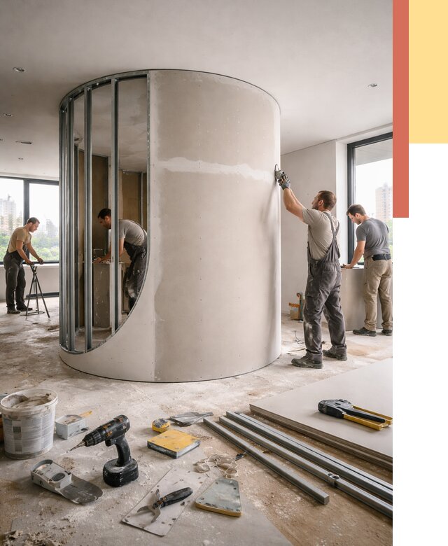 Радиусная перегородка из гипсокартона в Заволжье от 2953 руб. под ключ | ОТДЕЛОЧНИК-Звл