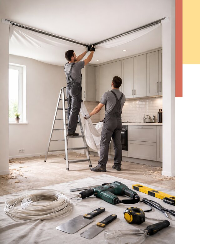 Установка натяжного потолка на кухне в Заволжье от 2444 руб. | ОТДЕЛОЧНИК-Звл