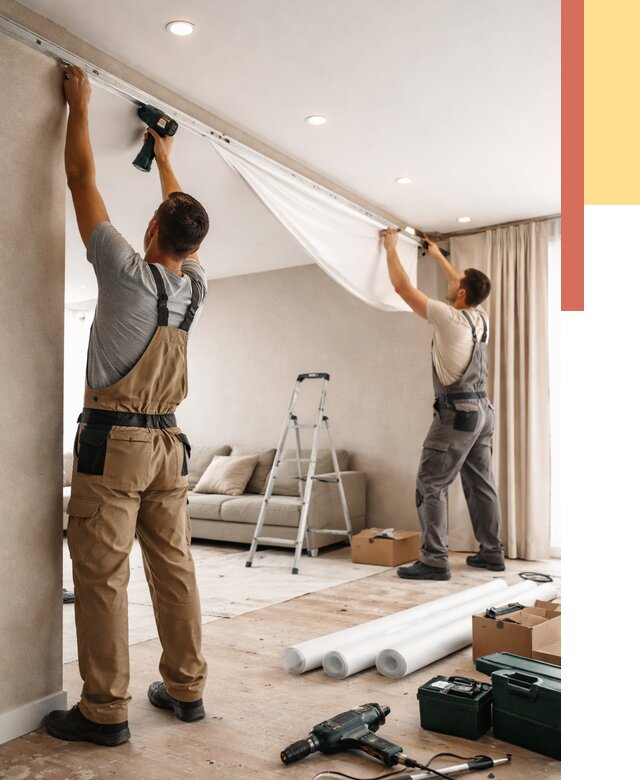 Монтаж натяжного потолка в гостиной в Заволжье от 560 руб. | ОТДЕЛОЧНИК-Звл