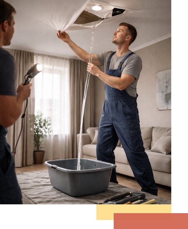 Слив воды с натяжного потолка в Заволжье быстро и аккуратно